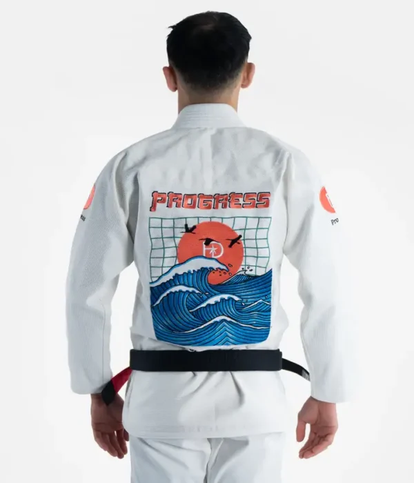 Blue BJJ Gi featuring a wave design from Progress Unknown