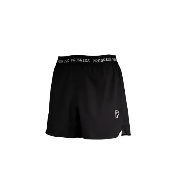 Progress Academy logo imprinted on black and gold board shorts
