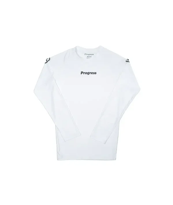 Progress Academy Rash Guard Long Sleeve White 3 Man wearing a long-sleeved Progress Academy rash guard