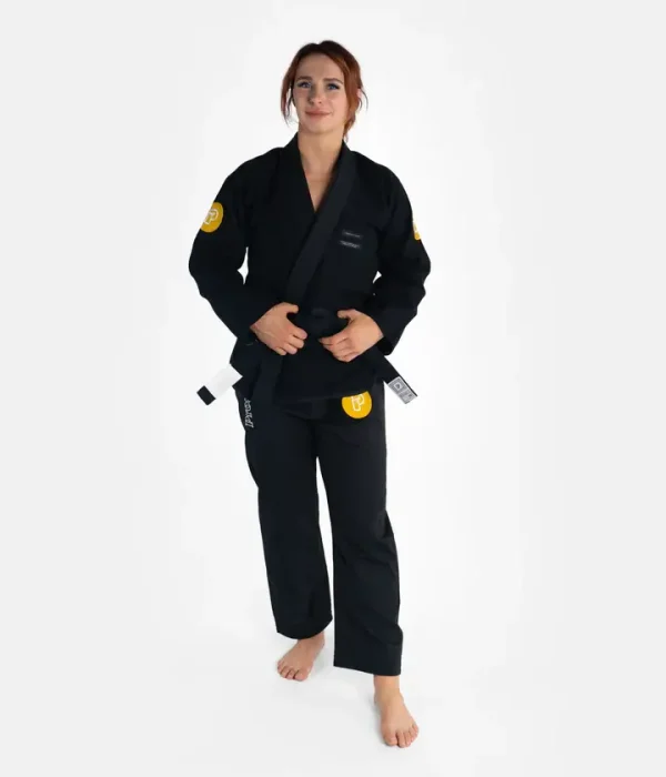 Progress Ladies Featherlight Lightweight Competition Bjj Gi Black 2 Woman wearing Progress Ladies Featherlight Lightweight Competition BJJ Gi