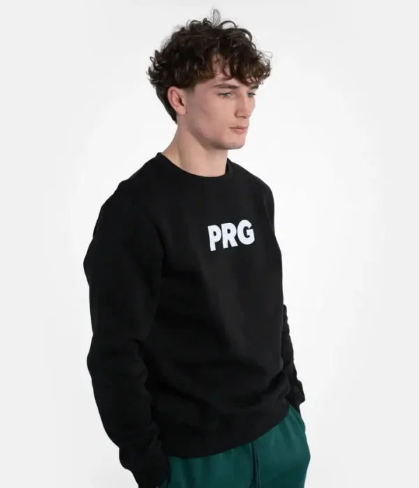 Man wearing a light grey Progress PRG Crewneck Sweater