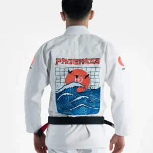 Blue BJJ Gi featuring a wave design from Progress Unknown