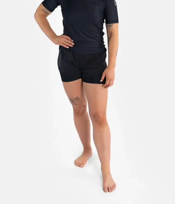 Progress Womens Flex Hybrid Shorts Black 1 Woman wearing Progress Women's Flex Hybrid Shorts.