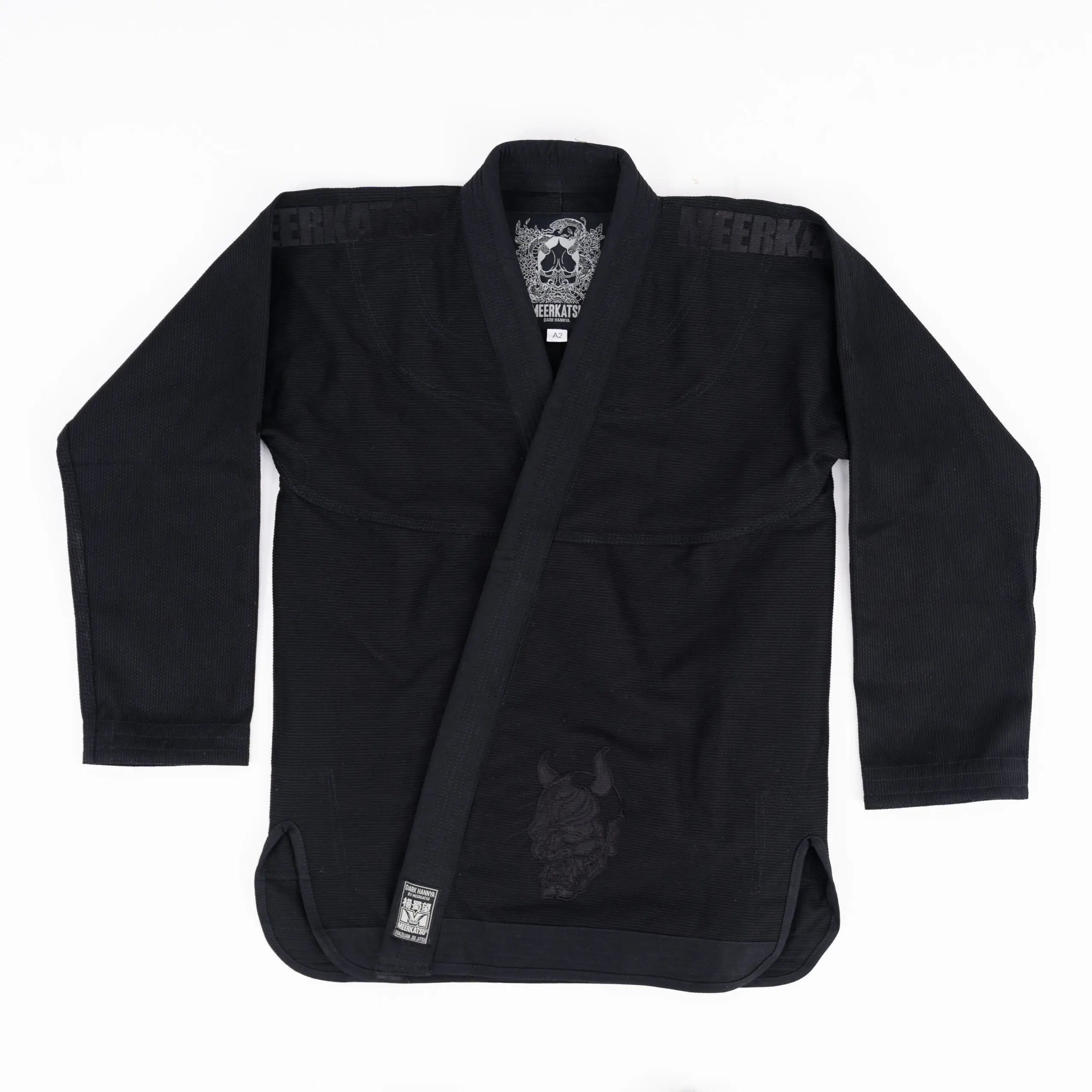 Woman wearing Meerkatsu Ladies Dark Hannya Kimono BJJ Gi