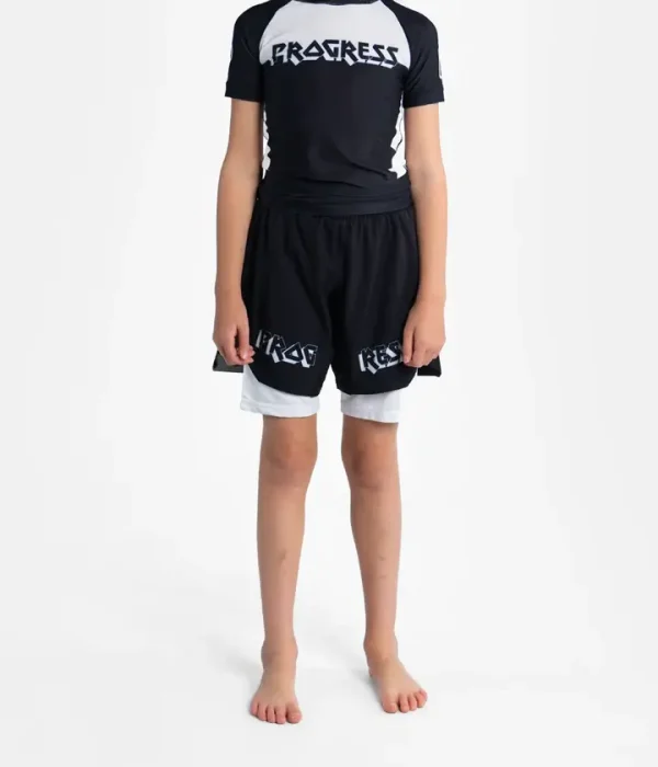 Progress Kids Bengal Shorts Black White 1 Kids wearing Progress Kids Bengal Shorts