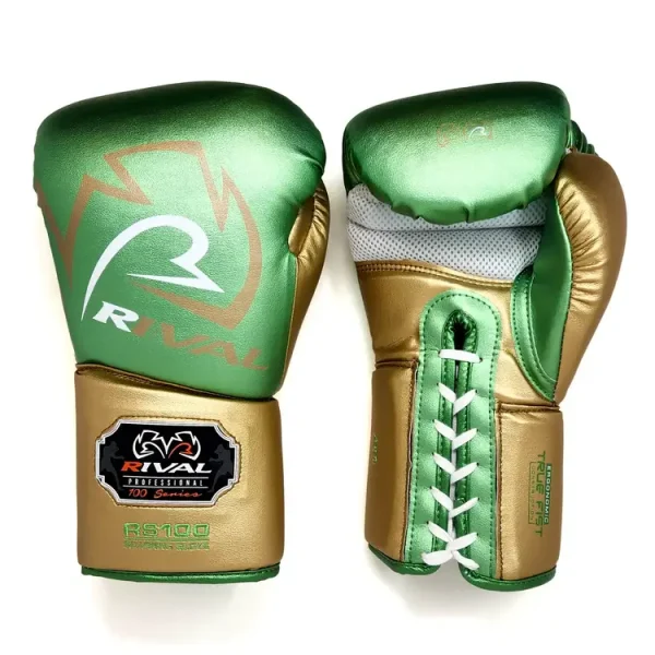 Rival RS100 Professional Sparring Boxing Gloves - Green/Gold in Green/Gold — flat lay