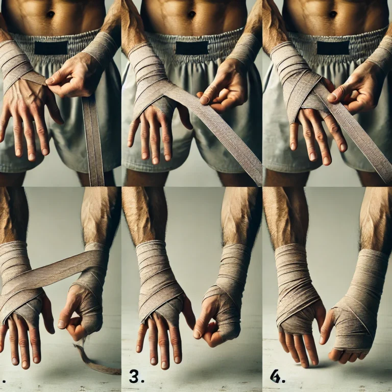 Image showing multiple stages of how a Muay thai fighter wraps his hands.