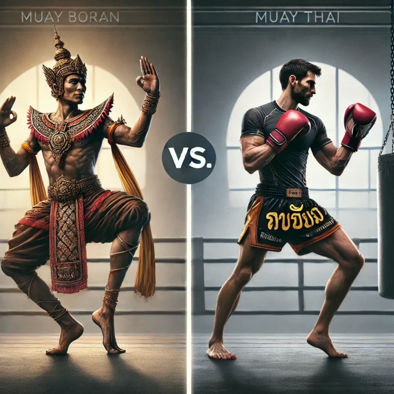 A Muay Boran fighter and Muay Thai fighter both in there traditional stances