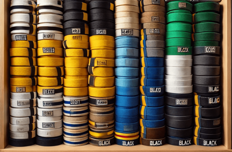 Image shwing a rack of different coloured belts - definitely not for Muay Thai!