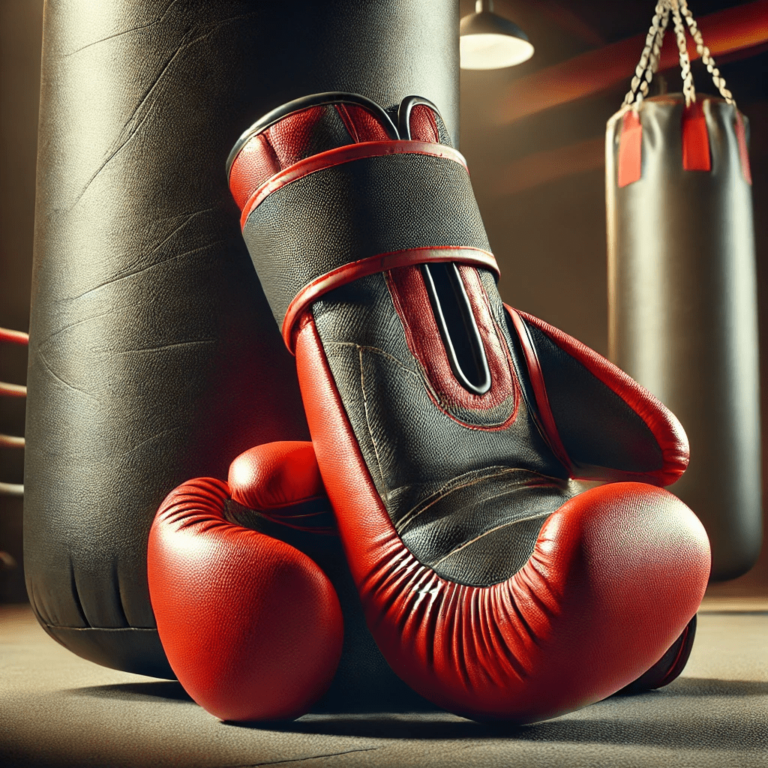 Image showing a pair of boxing gloves resting on a heavy bag