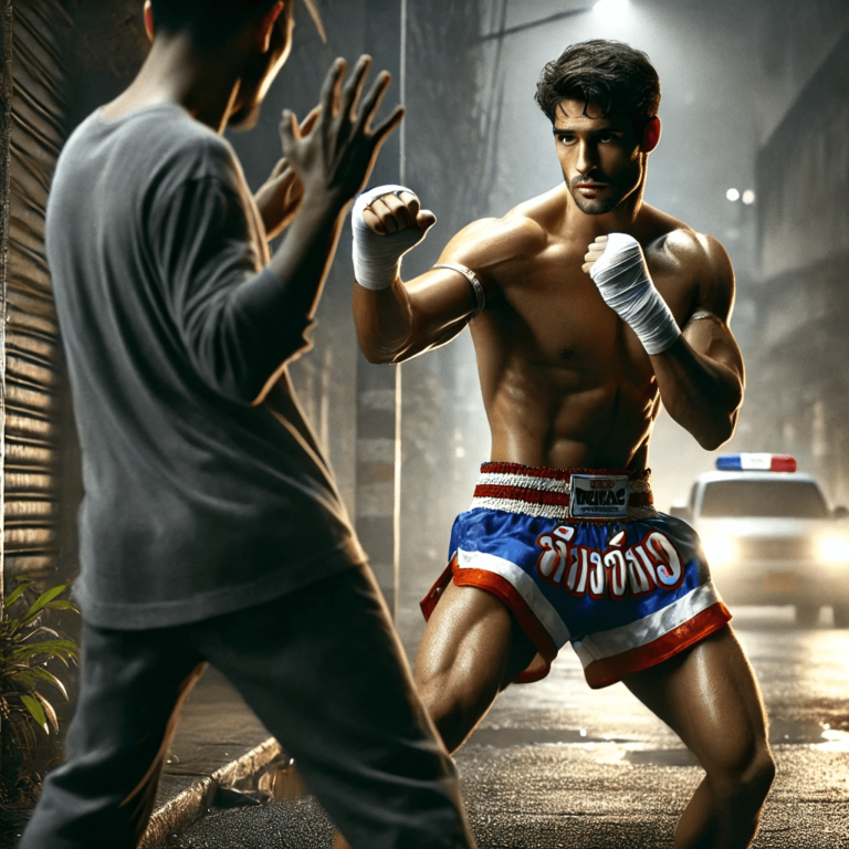 A picture of a Muay Thai fighter in his Muay thai shorts in the street about to fight some one.