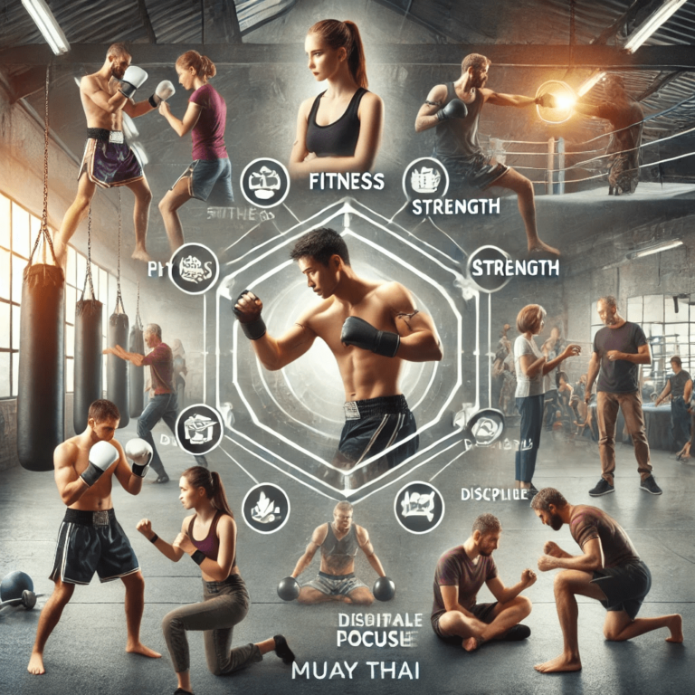 a Muay Thai fighter in the middle with images around him showing the benefits of Muay Thai