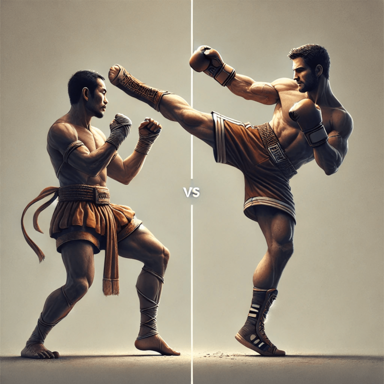 a Muay Thai fighter standing against a kickboxer