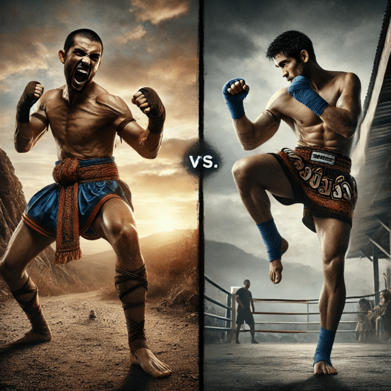 Lethwei fighter and Muay Thai fighter both in fighting stance.
