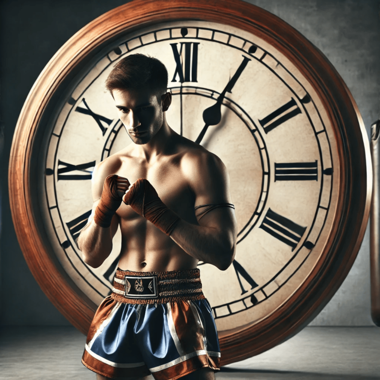 A Muay Thai figher standing in front of a clock - image meaning is how much time it takes to learn muay Thai