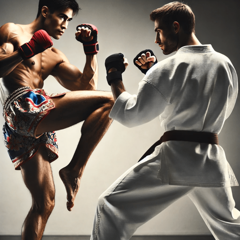 A Muay Thai fighter about to strike a Karate fighter