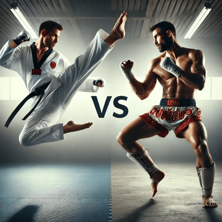 A Taekwondo fighter throwing a kick against a Muay Thai fighter