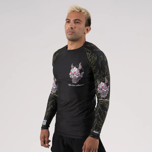 Meerkatsu Laughing Hannya Long Sleeve Rashguard on a white background