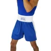 Rival Amateur Competition Trunks Blue 1 Two athletes wearing Rival amateur competition trunks, preparing for a boxing match.