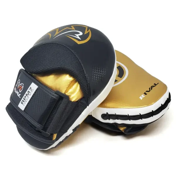 Rival Rpm7 Fitness Plus Punch Mitts Black Gold 2 Close up of Rival RPM7 Fitness Plus Punch Mitts