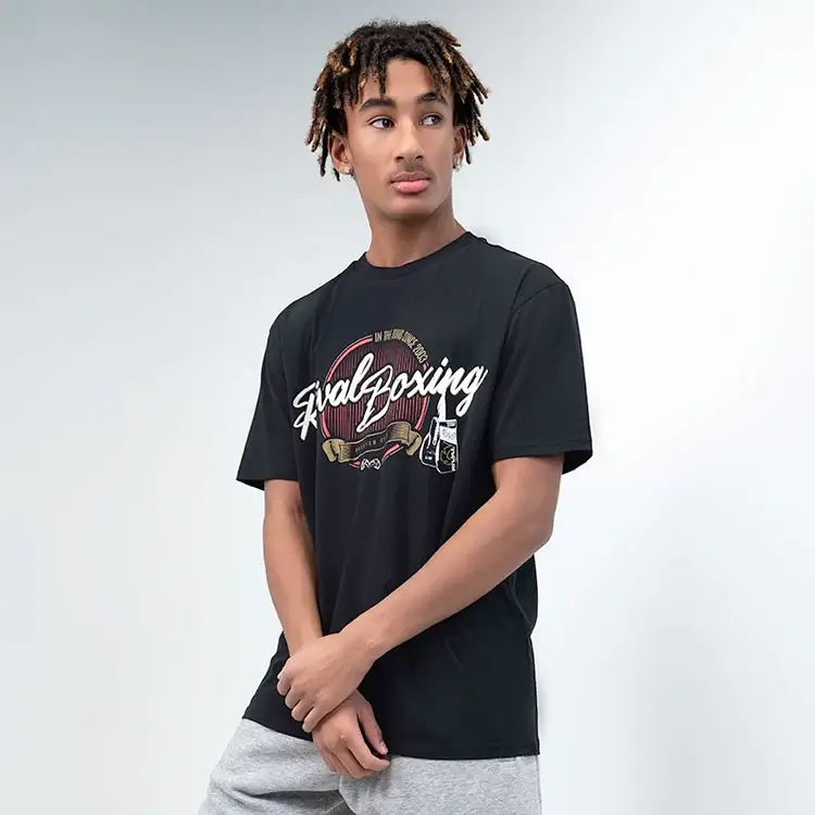 Man wearing Rival Vintage Graphic tee in black with spandex