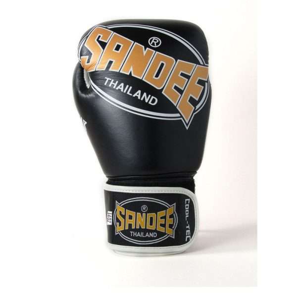 Sandee Cool Tec Boxing Gloves 3 Tone Velcro Black Gold White 1 Sandee Cool-Tec Boxing Gloves 3-Tone Velcro - Black/Gold/White in Black/Gold/White — graphic close‑up
