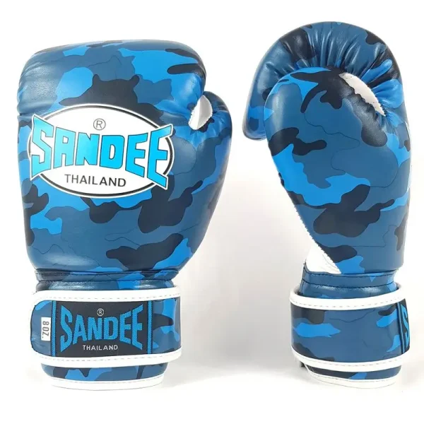 Sandee Kids Boxing Gloves Camo Velcro Blue 3 Sandee Kids Boxing Gloves Camo Velcro strapped on.