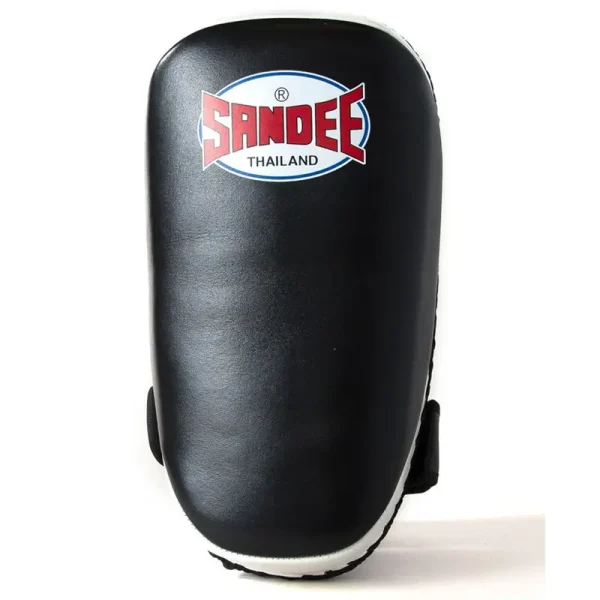 Sandee Curved Thai Kick Pads Black White 4 Sandee Curved Thai Kick Pads in a martial arts training setting