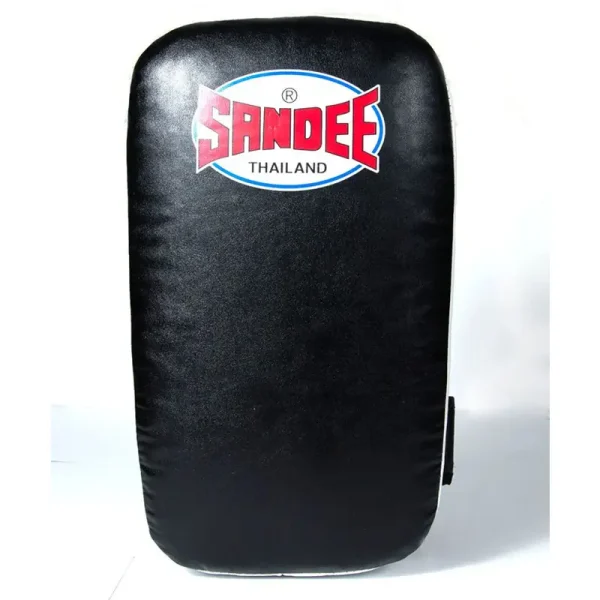 Sandee Extra Thick Flat Thai Small Kick Pads Black White 1 Sandee Extra Thick Flat Thai Small Kick Pads on display