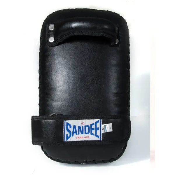 Sandee Extra Thick Flat Thai Small Kick Pads Black White 2 Equipped martial artist with Sandee Extra Thick Flat Thai Small Kick Pads