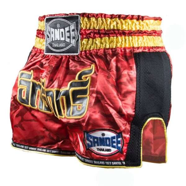 Sandee Muay Thai Shorts Supernatural Power - Red/Black/Gold in Red/Black/Gold — sleeve detail