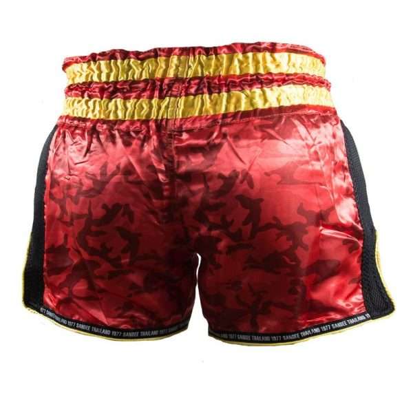 Sandee Muay Thai Shorts Supernatural Power - Red/Black/Gold in Red/Black/Gold — flat lay