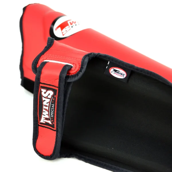 Twins Special SGS10 Double Padded Shin Guards - Red in Red — logo close‑up