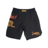 Bright orange tiger print shorts set on a white background