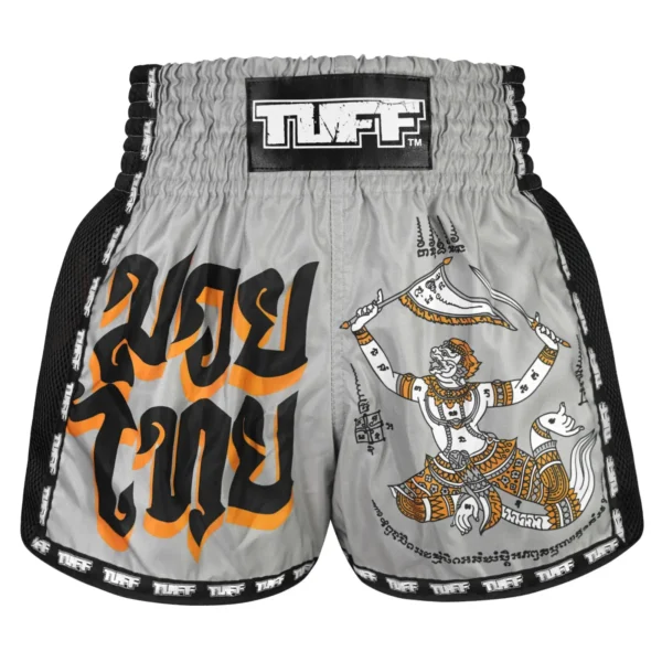 TUFF Retro Muay Thai Shorts Hanuman Yantra Man wearing TUFF Retro Muay Thai Shorts Hanuman Yantra with War Flag MSC118