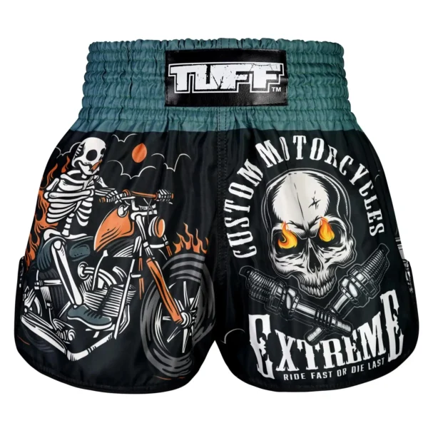 TUFF Skull Rider Retro Muay Thai Shorts TUFF Retro Muay Thai Shorts The Skull Rider RMS109 on model