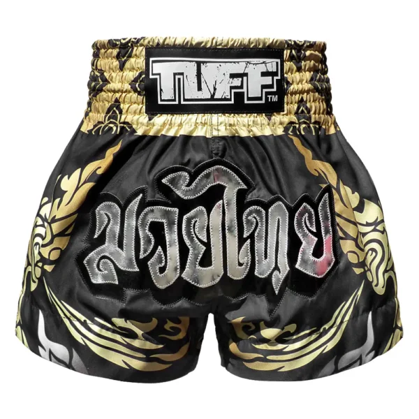 TUFF_MS631_KingOfNaga_MuayThaiShorts Pair of TUFF Muay Thai Shorts King of Naga MS631 in a dynamic position