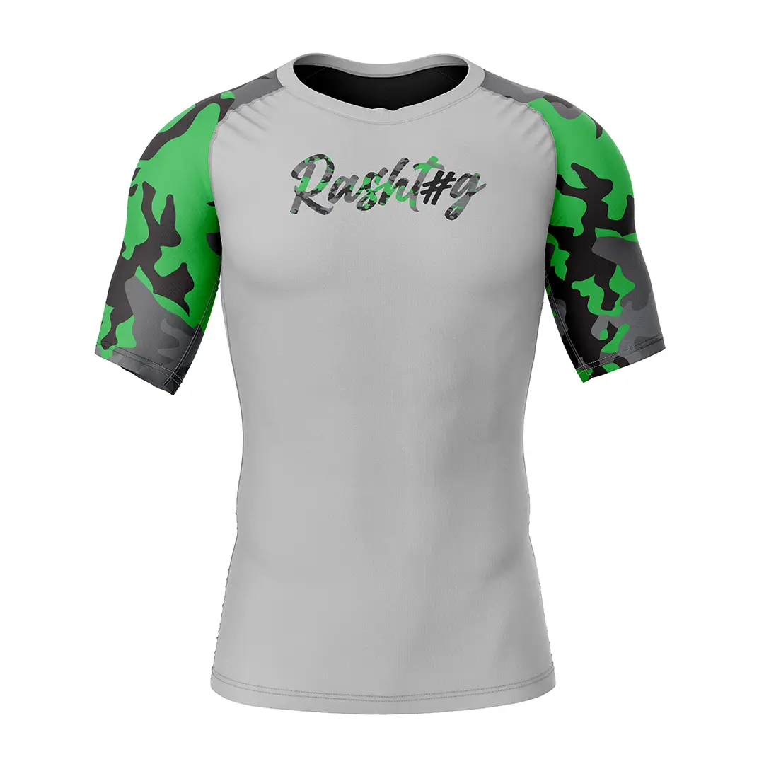 Top view of RashTag Tactical Camo Rash Guard on white background