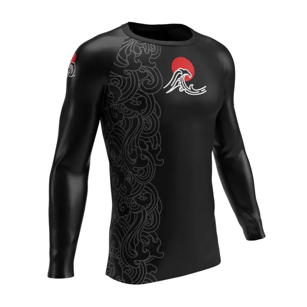 Rashtag Tidal Waves Rash Guard Black 2 Man wearing RashTag Tidal Waves Rash Guard
