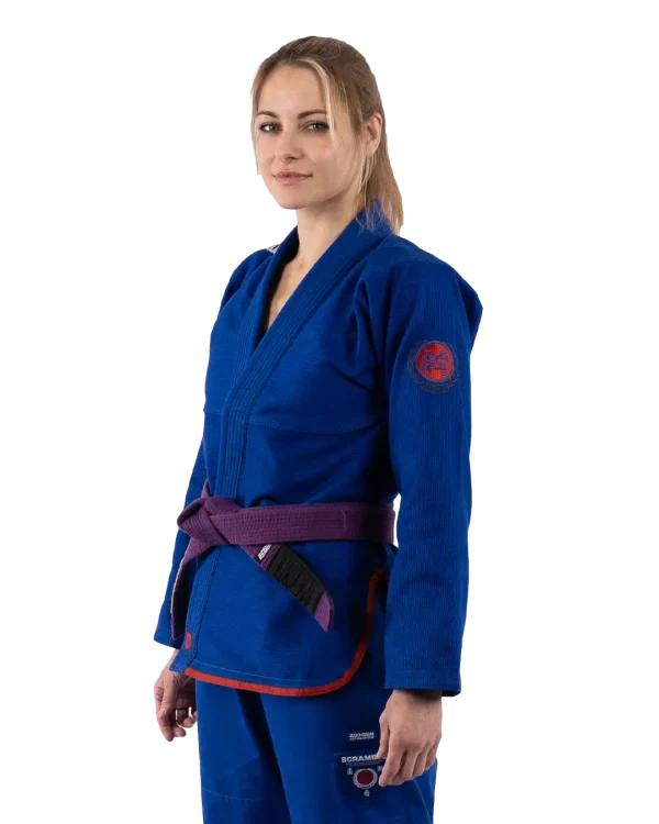Scramble Athlete Bjj Gi Womens Blue 3 Woman wearing Scramble Athlete BJJ Gi.