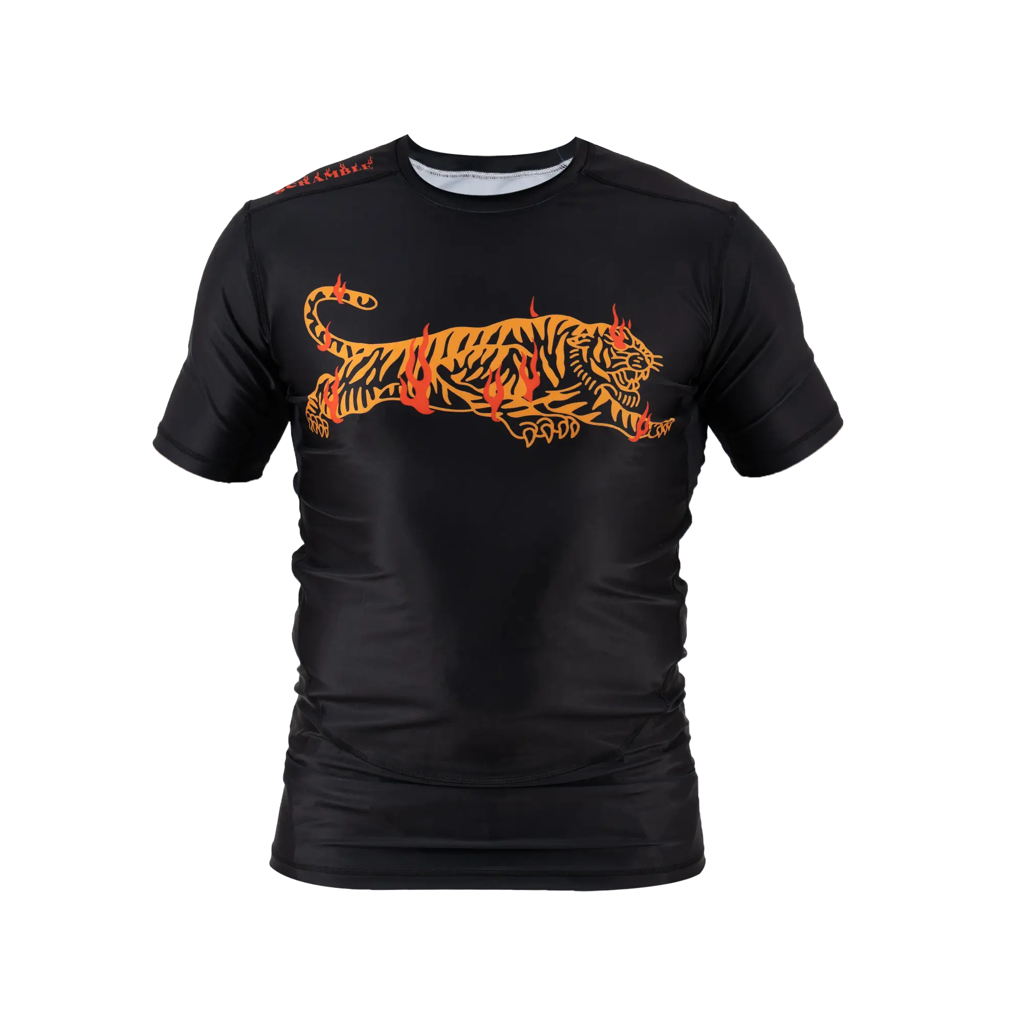 Man wearing Scramble Burning Tiger Rashguard