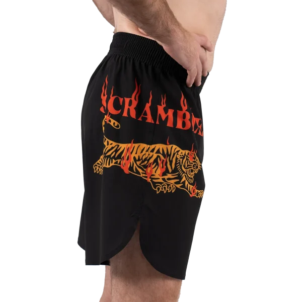 Yellow and black tiger-patterned scramble MMA shorts