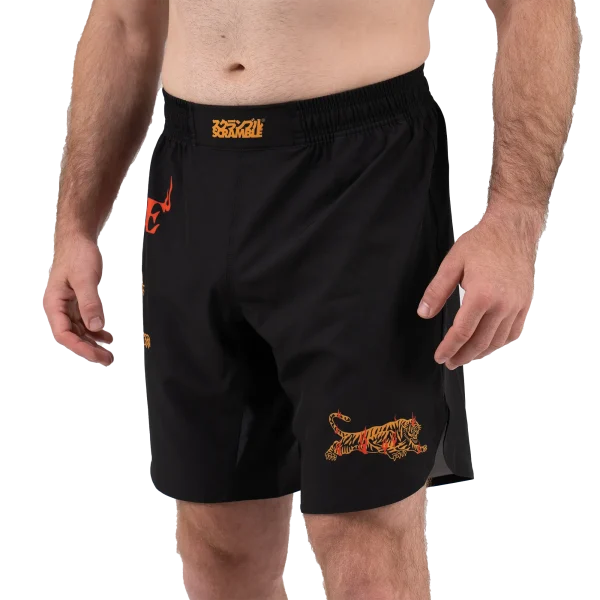 Vibrantly designed Scramble Burning Tiger Shorts on a white background