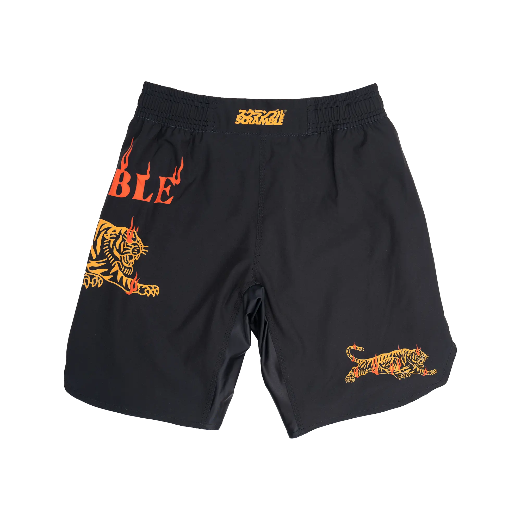 Bright orange tiger print shorts set on a white background