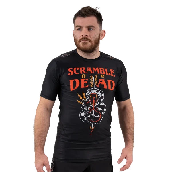 Scramble or Dead rashguard on a white background.