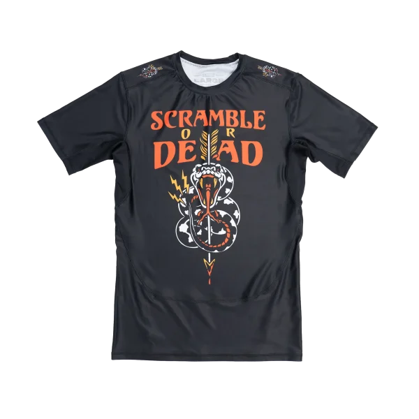 Athletic model wearing Scramble or Dead Rashguard
