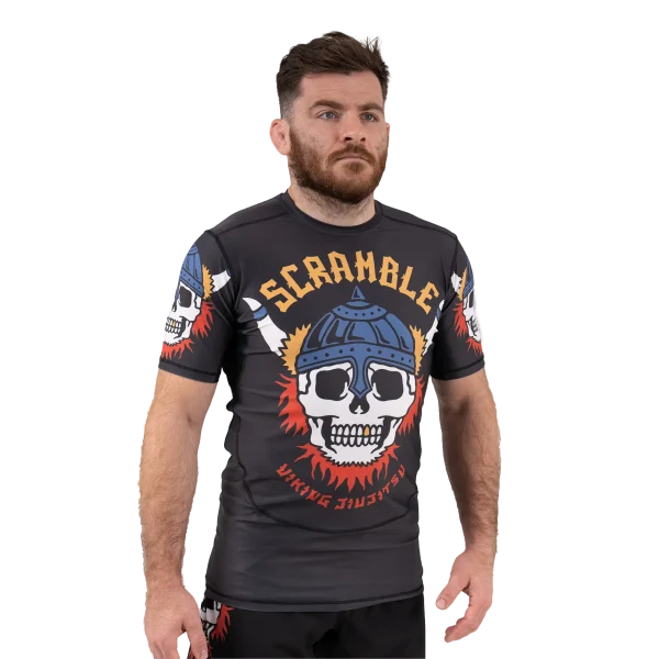 Viking-themed Scramble rashguard on a white background