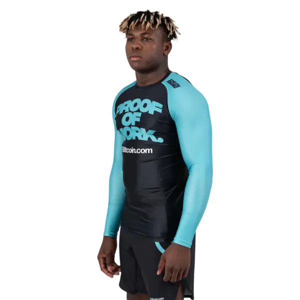 Scramble x Bitcoin.com Rashguard on white background