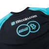 A model showcasing the Scramble x Bitcoin.com Rashguard