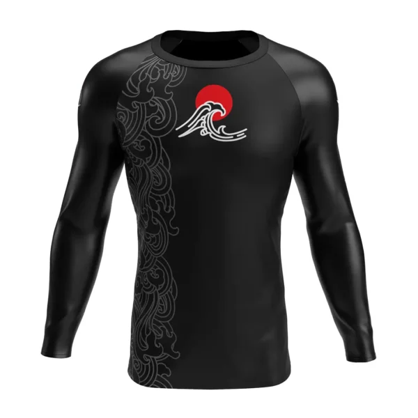 RashTag Tidal Waves Rash Guard on Mannequin A man wearing a RashTag Tidal Waves Rash Guard.